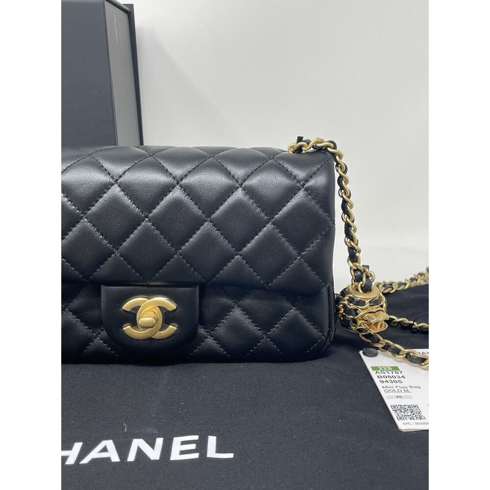 CHANEL 22S Black Mini Rectangle Pearl Crush Braid Gold Ball Flap Bag Unused - Picture 4 of 16